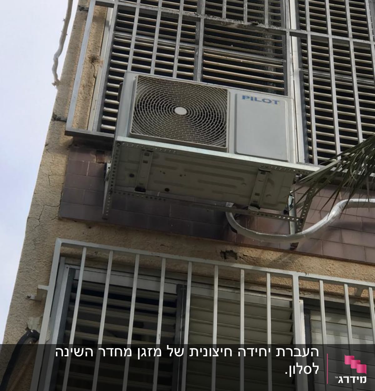 יחידת מיזוג אוויר חיצונית מותקנת על קיר בניין